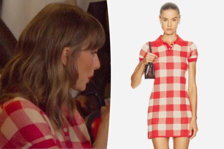 Taylor Swift cheers on Travis Kelce in red checked polo dress at Chiefs vs. Broncos game
