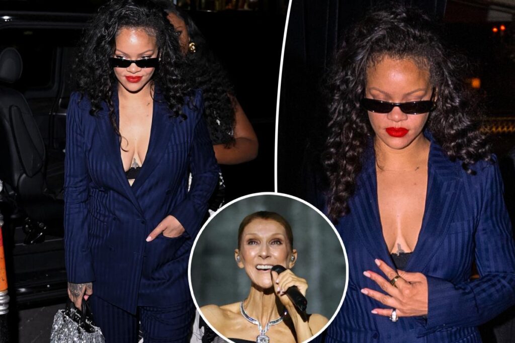 Rihanna wears Tom Ford suit, no shirt to Céline Dion’s Paris show