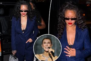 Rihanna wears Tom Ford suit, no shirt to Céline Dion’s Paris show