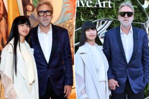 Nicolas Cage, 62, sports gray beard in rare red carpet appearance with wife Riko Shibata, 31