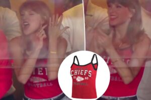 Taylor Swift sports a tank top by Erin Andrews at Chiefs vs. Colts game