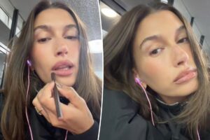 Hailey Bieber wears M.ph lip liner and new gloss for her nude lip