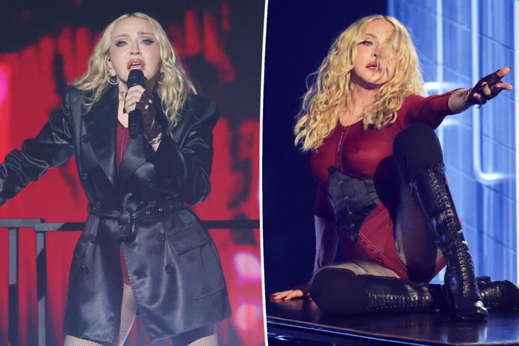 Madonna performs at the VMAs 2026 in a slinky blazer and lace-up leather
