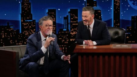 Colbert Shaves His Beard Off, Talks Emmys and ‘Lord of the Rings’ Movie on ‘Jimmy Kimmel Live!’