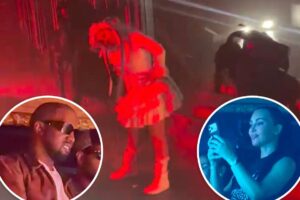 Kim Kardashian and ex Kanye West keep their distance as they support North at her first solo concert